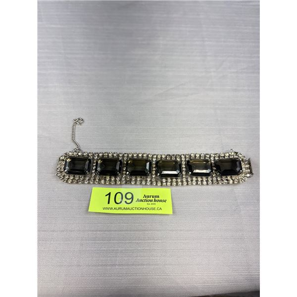 Chunky 1-1.25" Wide Vintage Faux Smoky Topaz and Rhinestone Bracelet