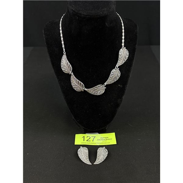 C.1940s Silver Marcasite Necklace Earring Set