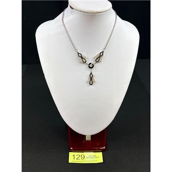 Vintage Rhodium Plated Art Deco Onyx Enamel Faux Diamonds, Beauty!