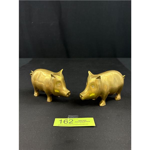Pair Vintage Brass Pig Animal Figurine 5" x 2.75" Mid Century