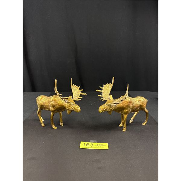 Pair Vintage Mid Century Brass Moose Figurine Sculpture 0 6.5" x 5.5"