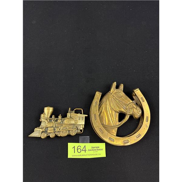 Vintage Brass Horse Head Shoe Door Knocker Made in England (Sticker Removed) & 1978 Brass Baron Belt