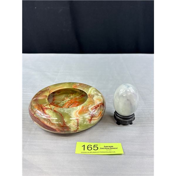 MCM Onyx Marble Ashtray - 6" Across - Nice Solid Piece - & Marble Egg On Stand - No Chips or Cracks
