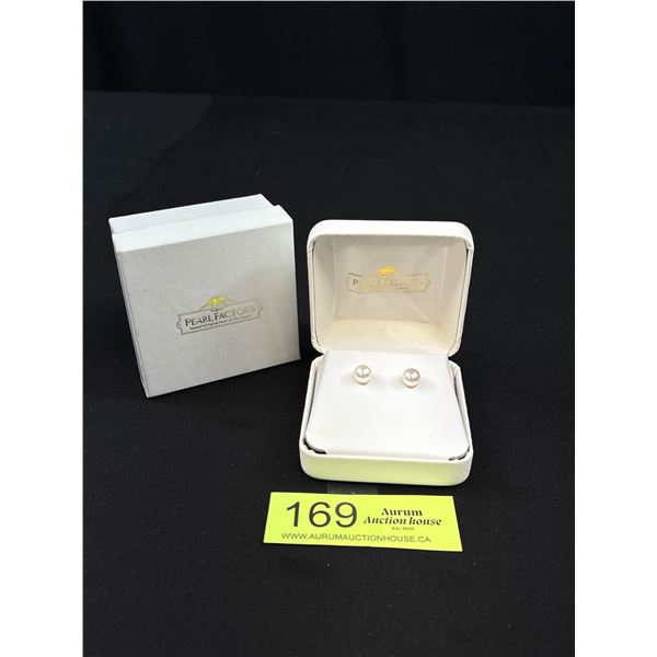 Na Hoku Akoya Pearl Stud Earrings 14k Gold - 7.4mm Post and Backs Signed 14K N * H - In Original Box