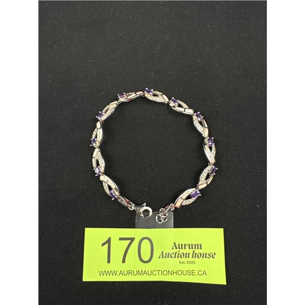 Fire Opal Inlay and Amethyst Solid 925 Sterling Silver Link Tennis Bracelet - 7.5" to 7.75" - 22.96 
