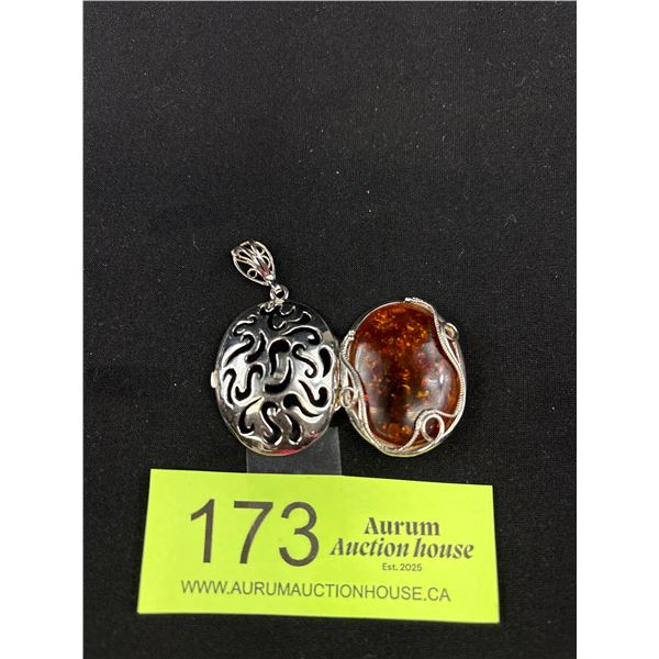 Vintage Sterling Silver Large Baltic Amber Wrapped Pendant Rare LOCKET - 2" x 1" - Tested