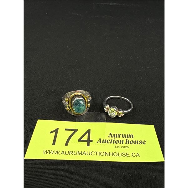 2 Vintage 925 Sterling Silver Rings - Beautifully Signed Marsala Clear Stone Size 7 and Raw Topaz Fe