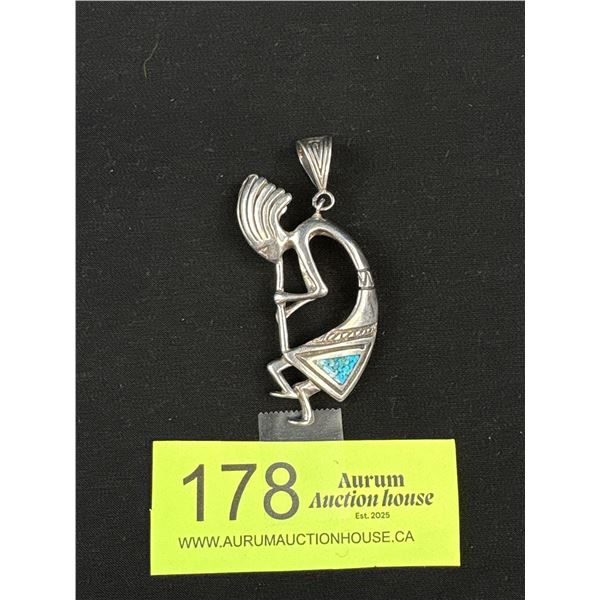 Large 925 Sterling Silver Native American Turqouise Kokopelli Pendant - 2.75" x 1" - 18.9 Grams - Te