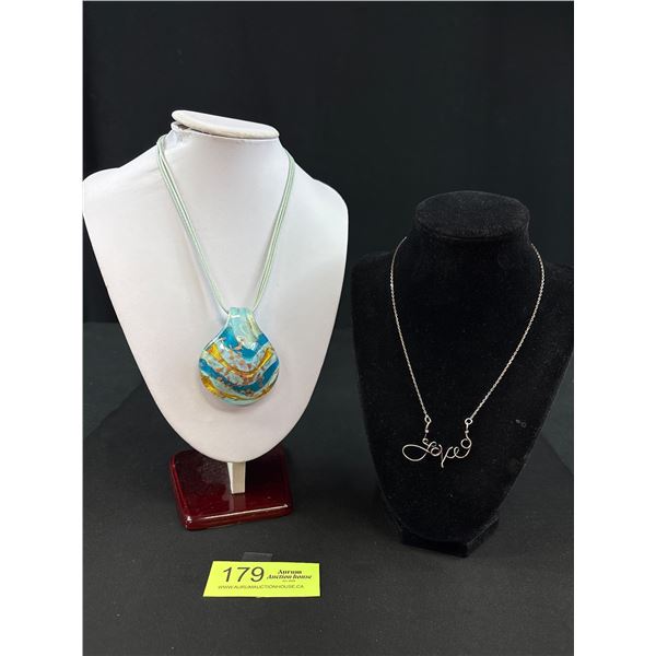 925 Sterling Silver Script Love Necklace and Signed Venetiarum Made in Muranto Glass Pendant on Leat