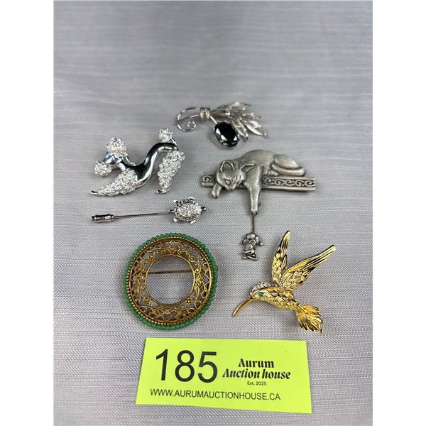 Nice Vintage Brooch Lot and 1 Stick Pin - Sorrento Sterling Flower, JJ Cat, Gerry's Poodle , Humming