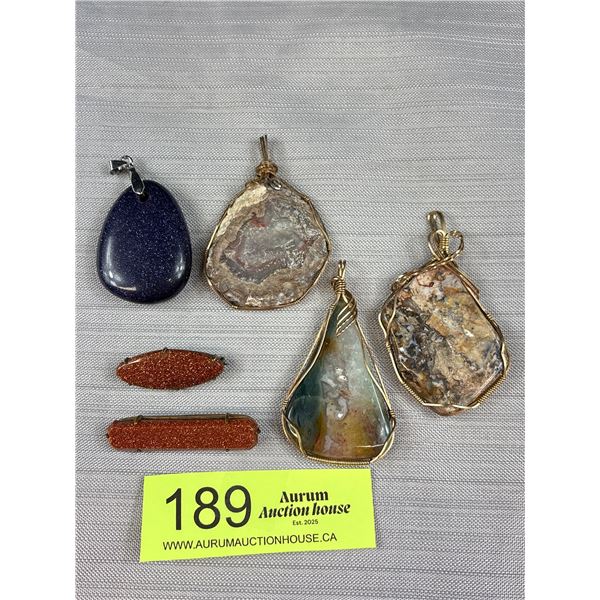 2 Antique Goldstone Bar Pins/Brooches, Both Have "C" Clasps and 4 Large Stone Pendants - Blue Goldst