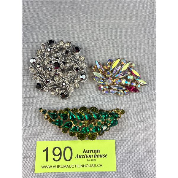 3 Large Vintage Rhinestone Brooches - Balck and Clear 2" Aurora Borealis 2 1/8" - 2 Tone Green 3 1/8