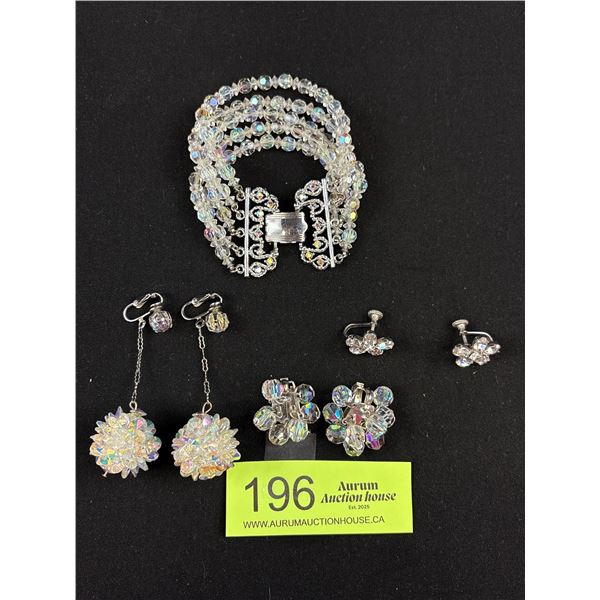 Nice Vintage Aurora Borealis Lot - 5 Strand Signed Coro Paperclip Hanging Earrings and 2 More Sets o