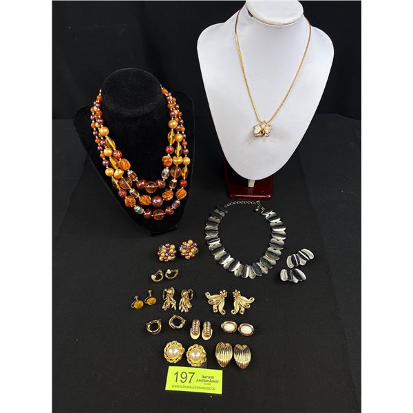 Large Vintage Necklace and Clip On Earring Lot - Necklace and Matching Earrings - Gold Trim Lacquer 