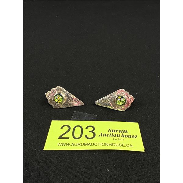 Vintage Signed MEX 925 OC80 Etched Foil Opal Clip On Earrings 1.25" x 75" - 16.79 Grams - Tested