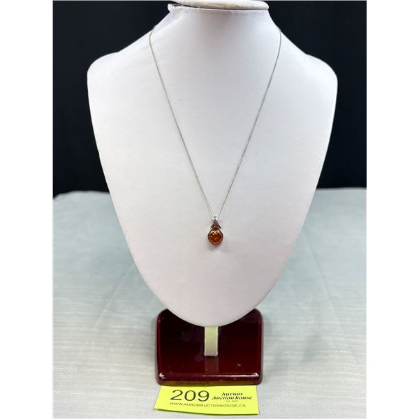 925 Sterling Silver 20" Chain and Amber Pendant - Both Tested