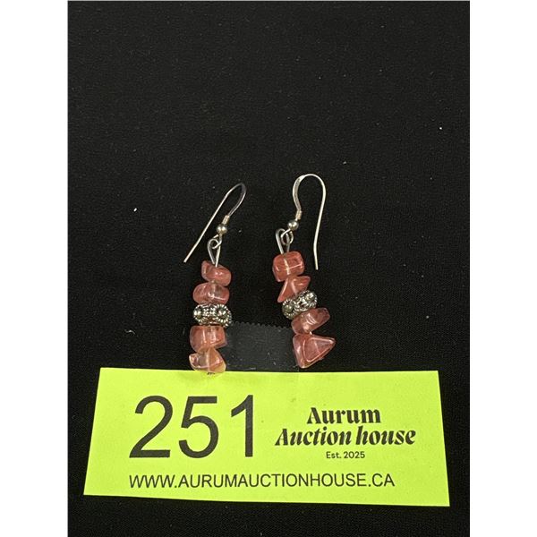 Pair of Interesting Sterling + Pink Rock Crystal Earrings
