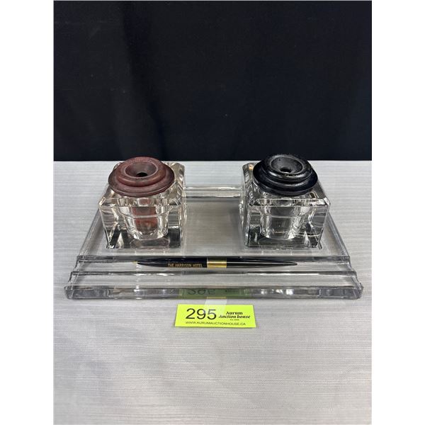 Antique Early 1900's Sengbusch Clear Glass Double Inkwell w/ Pen Holders