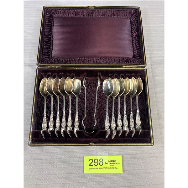 Antique R&B Silverplate Teaspoon & Sugar Tong Set in Presentation Box
