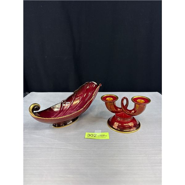 Carlton Ware England "Rouge Royale" Shell Boat & Double Candle Holder