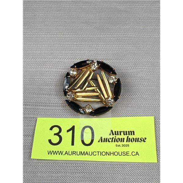 Vintage Art Deco Black Glass Marquise Crystal Estate Jewelry Brooch