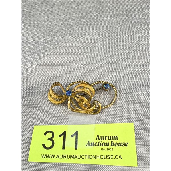 Vintage Gold Filigree Brooch w/ Swirled Ribbon Design & Two Set Blue Rhinestones