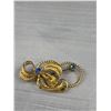 Image 3 : Vintage Gold Filigree Brooch w/ Swirled Ribbon Design & Two Set Blue Rhinestones