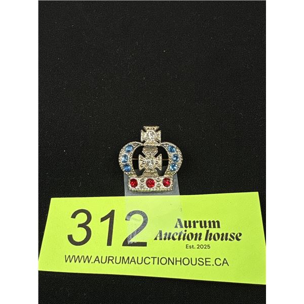 Vintage Red White and Blue Rhinestone Crown Silvertone Brooch