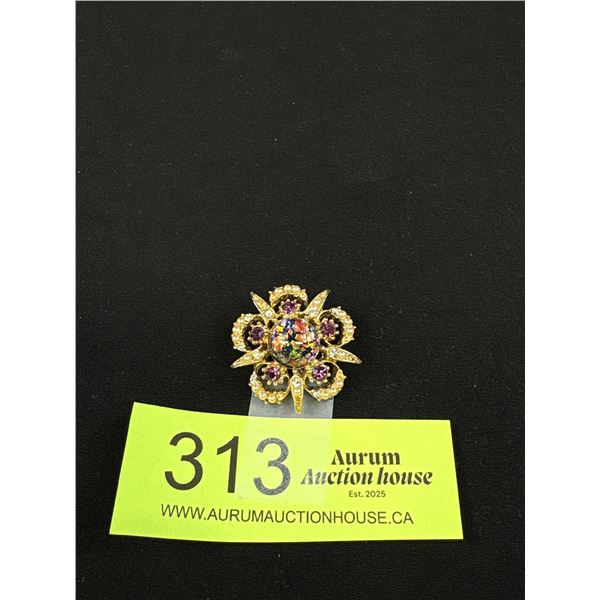 Gorgeous Vintage Pronged Opal, Pearl, & Rhinestone Brooch Floral Star