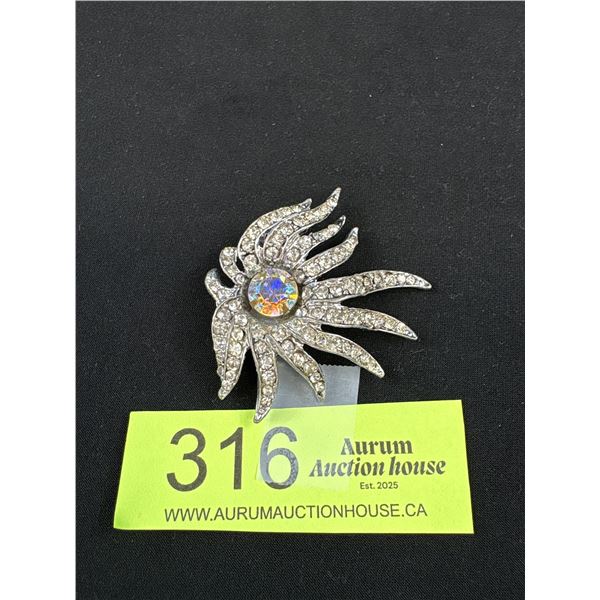 Beautiful Vintage Swirl Brooch w/ Clear Rhinestones & AB Centre Stone