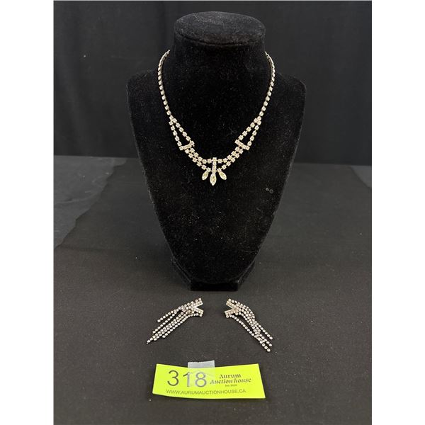 Pretty Clear Rhinestone Dangle Drop Waterfall Earrings & Choker Style Necklace