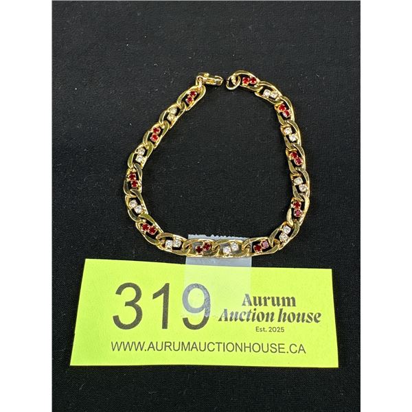 Dainty Gold Plated Link Bracelet w/ Clear & Red Rhinestones