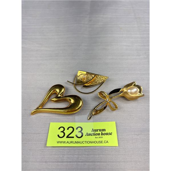 3 Lovely Vintage Goldtone Brooches - One Likely Krementz w/Cultured Pearl