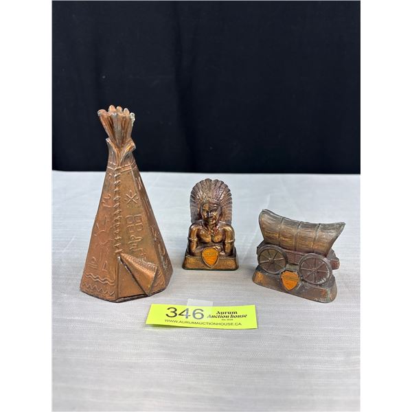 3 Vintage Native Collecctibles Tipi Piggy Bank, Chief and Wagon