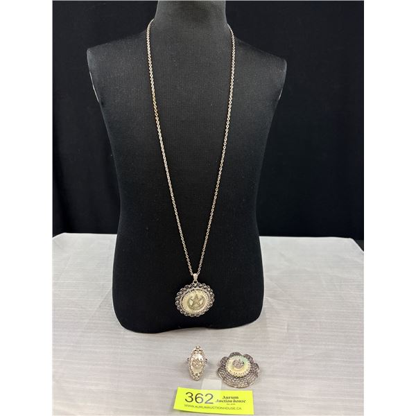 Genuine Antique Mother of Pearl Silver Filigree Necklace Earrings Brooch Set