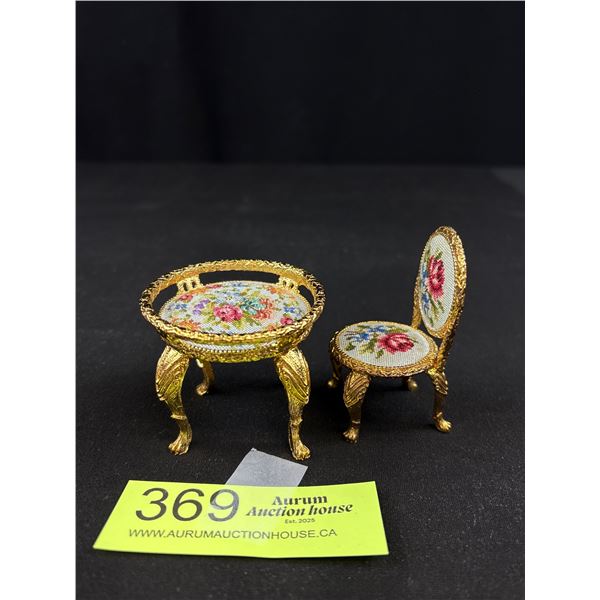 Schildkraut Petit Point Dollhouse Metal Chair and Table