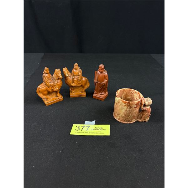 Chinese Stone Inkwell/Brush Pot Together with Three Figures