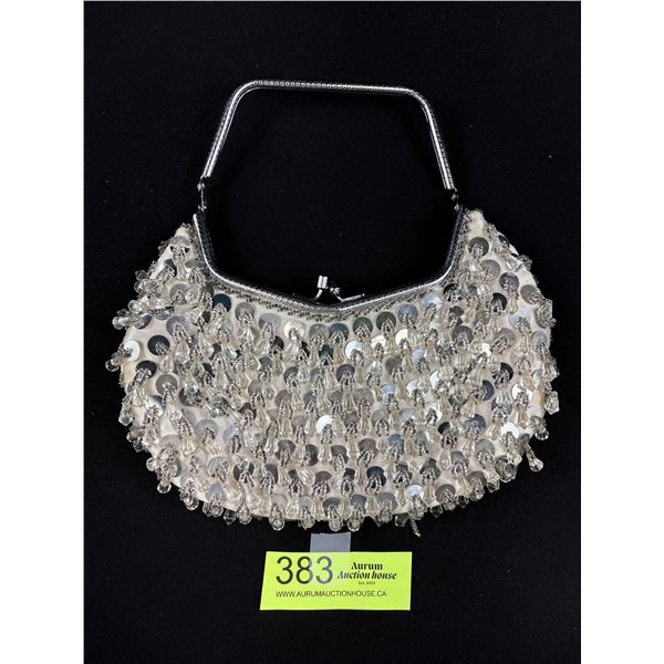Vintage Evening Bag, Lucite Beads, Hinged Collapsable Handle, Label for Hong Kong
