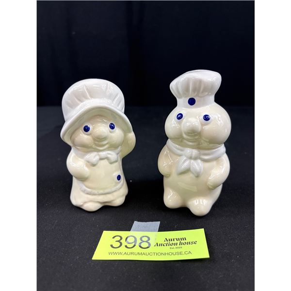 NOS Pair of 1980's Pilsbury Doughboy & Poppie Fresh Ceramic Salt & Pepper Shaker Set, Approx 4" Tall