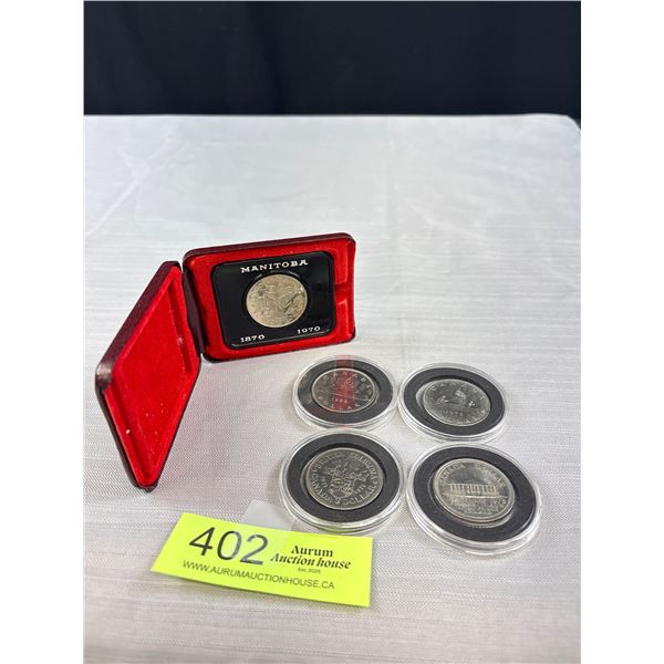 5 Canadian 1 Dollar Coins. 1971 BC, 1973 PEI, 1975, 1986 + 1970 Manitoba