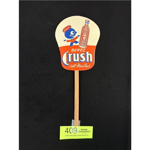 NOS 1940's Orange Crush "Crushy Man Bottle" Hand Fan, Double Sided Graphics, Approx 11" Tall
