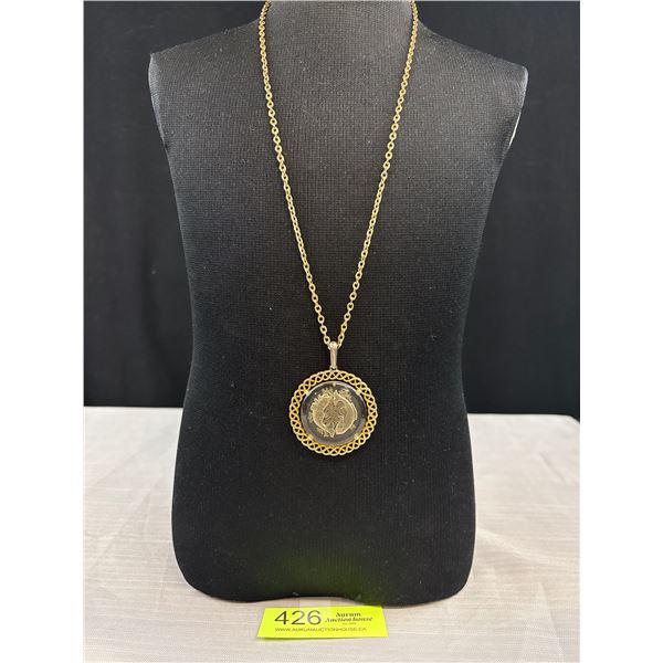Vintage Reversed Edged Glass Pendant w/ Chain Necklace