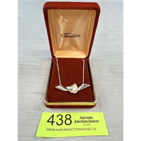 C.1940s Designer Signed Genuine Pearl Necklace Marked STERLING Designer Mark