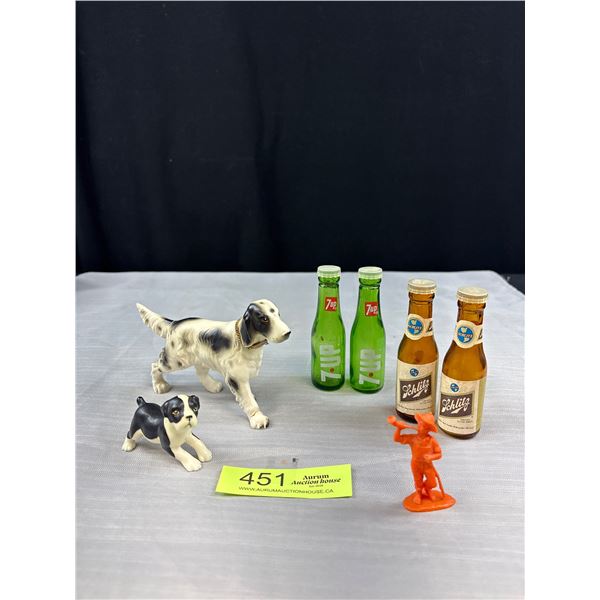 Pair of 7up and Schlitz Salt and Pepper Bottle Shakers and 2 Porcelain Dogs