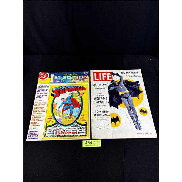 1966 Life Magazine Batman on the Cover w/ Advertisment Sleeve and First Edition Superman Large Comic