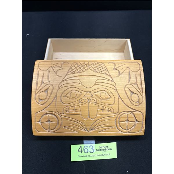 Very Nicely Carved West Coast Native Lidded Box 7" Wide 3" Tall