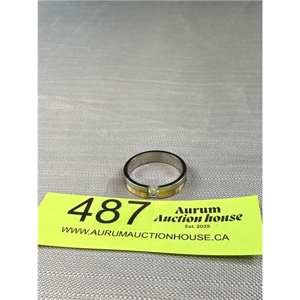 Large Stainless Steel, Gold Lines w/ CZ Stone Ring Size 10