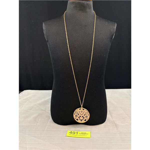 Unusual Design Gold Plated w/ Few White Rhinestones Pendant w/ Chain Necklace