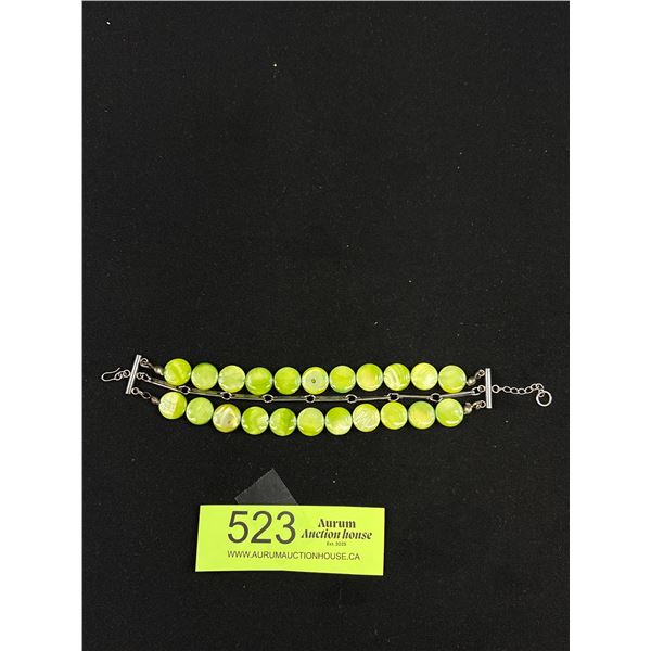 Sterling Silver + Mother of Pearl Discs Triple Strand Bracelet Marked 925