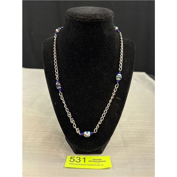 Silver Tone Link Chain w/ Venetian Glass Beads Necklace